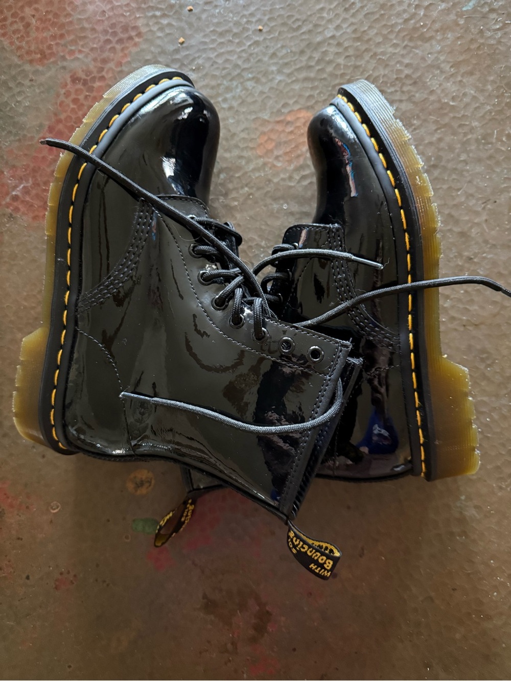 Dr. Martens Patent Black Lace-Up Boots with Yellow Stitching - Picture 6 of 6